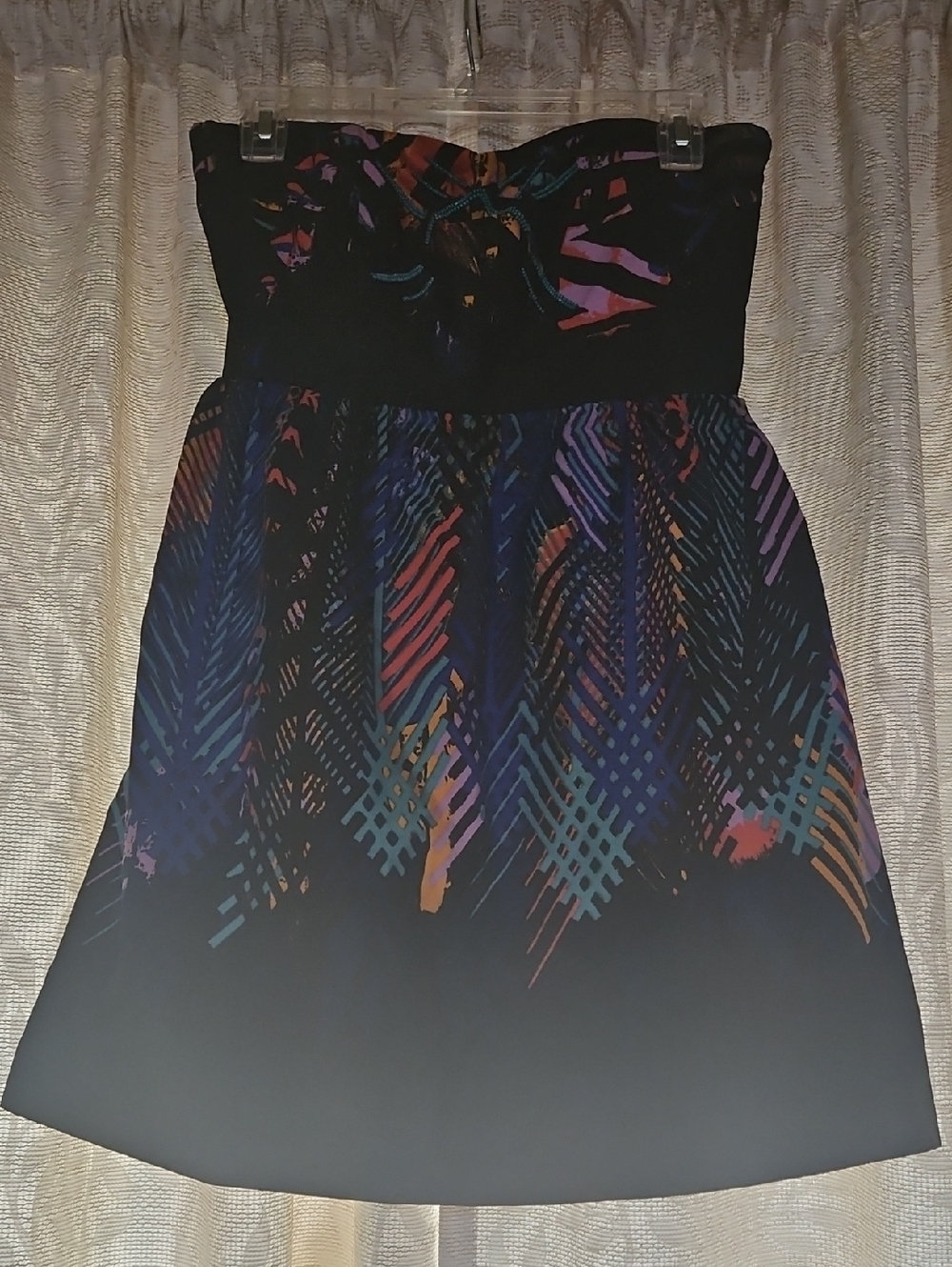 Girls Black Strapless Dress with Multicolor Pattern
